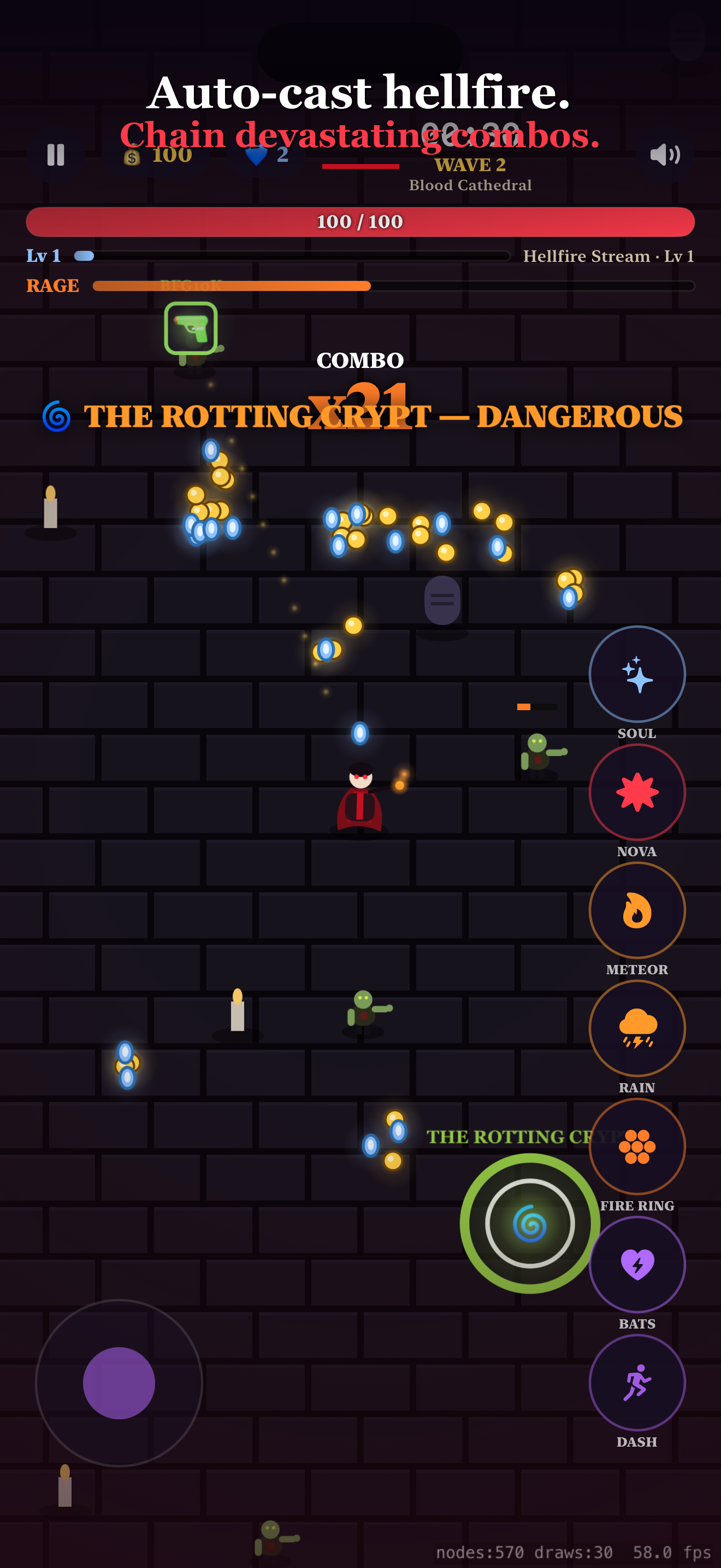 Auto-casting hellfire and chaining combos in Vampire Fire